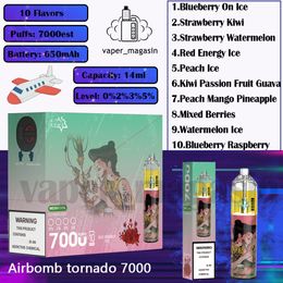 Tornado de aire de aire más vendido 7000 hojaldre cigarrillo electrónico desechable 14 ml Cartucho precargado 0% 2% 3% 5% Concentración 10 Sabores 650 mAh 7k Puffs Vape Pen