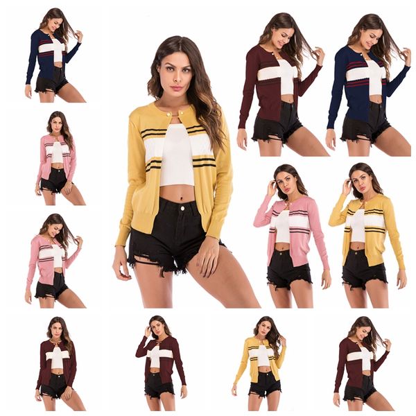 Meilleure vente automne nouvelle couleur contraste rayé tricot cardigan à manches longues col rond veste courte soutien lot mixte