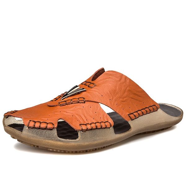 Meilleure vente pantoufles de plage hommes mode diapositives chaussure de marche hommes grande taille 48 pantoufles en cuir homme semelle en caoutchouc marque sandales