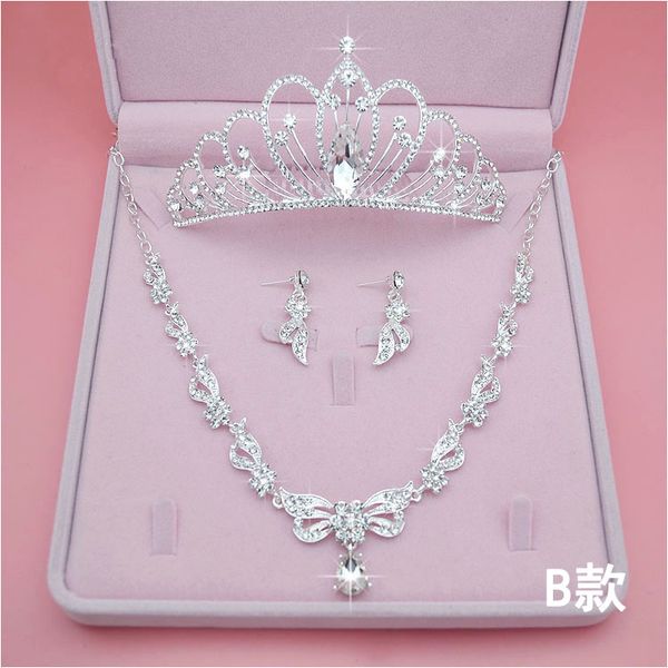 Meilleure vente mariée couronne diadème envoyer boîte trois pièces accessoire accessoires mariage mode strass coiffure boucles d'oreilles collier mariage