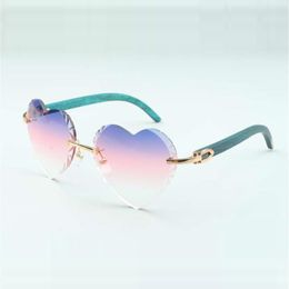 Bestverkochte zonnebril met hartvormige glazen met snijdende lens 8300687 met blauwgroen natuurlijke houten brilveren, maat 58-18-135 mm