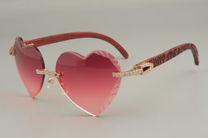 Bestverkochte hartvormige zonnebril met gegraveerde lens van hoge kwaliteit, zonnebril met diamanten natuurlijk hout met de hand gesneden patroon tempel 8300686-A
