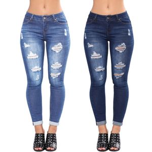 Verkoop dames jeans slanke lift De heupen potlood broek gescheurd met gaten dame 2 kleuren plus size