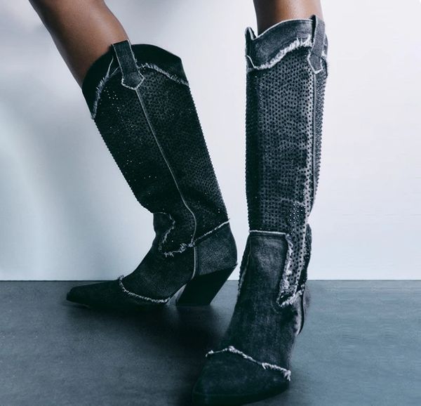 Producto más vendido 2024 nuevas Botas hasta la rodilla moda mujer Denim diseñador de lujo Botas de vaquero occidental envío gratis promoción tamaño 34-43