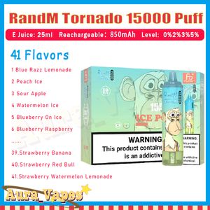 Best verkopende randm tornado 15000 puff elektronische sigaret 41 smaken 25 ml mesh spoel 850 mAh oplaadbare batterijwolken 15k vape pen