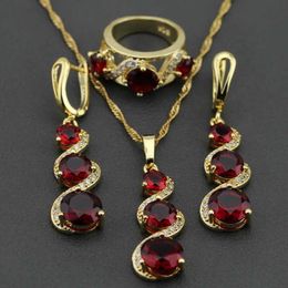 Best Selling Rode Rhodolite Bruids Sieraden Set Ketting Ketting Hanger Lange Drop Earring Ring Gratis geschenkdoos KZ13 H1022