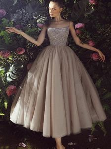 Best Verkopende Korte Vrouwen Prom Party Dress 2024 Bandjes Kralen Pailletten Tule Thee Lengte Avond Formele Toga Vestidos De Feast