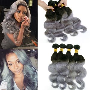 Best verkopende!! Zilver Grijze Ombre Menselijke Hair Extensions Ombre Grijze Braziliaanse Maagd Haar Body Wave 2 Tone Ombre Grijze Peruviaanse Remy Haar Weave