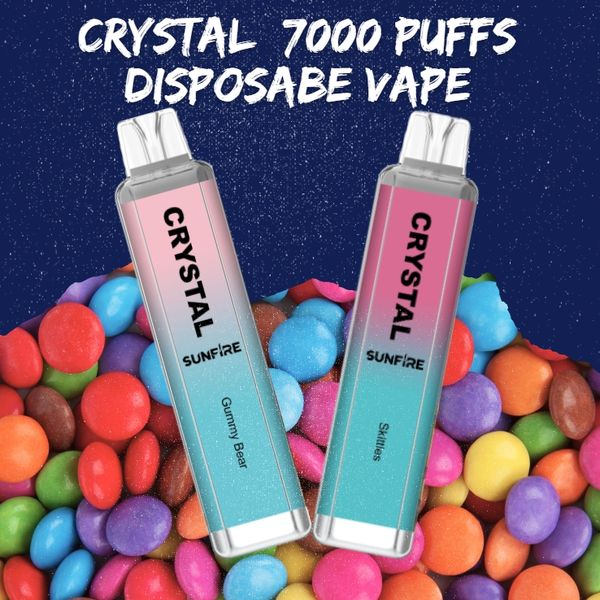 Meilleur Sunfire Crystal 7000 Puffs Pro Vape Disposable Vape 18ML / 16ML POD DÉPECONDATION DU MOT RECHARGÉable Cigarettes de batterie Tornado 8K 9K 10K 12K VS RNM VAPES 9000 10000 12000 Puffes