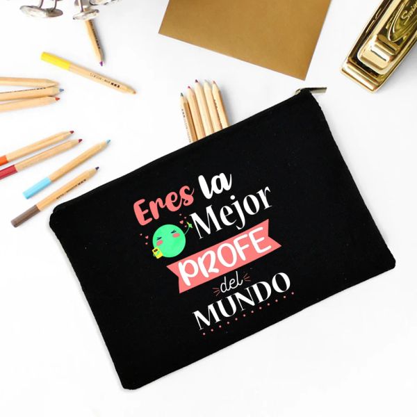 Mejor maestro en la palabra español imprime bolsa de maquillaje de tocador Regalos Bolsa de lápices Suministros de papelería Bolsas de almacenamiento
