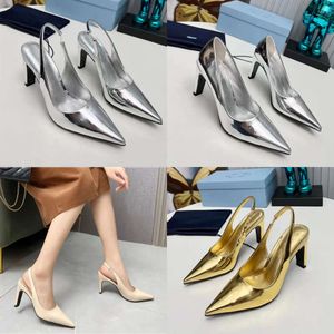 Beste de merk Slingbacks vrouwen 8,5 cm hoge hak goud puntige Suspender jurk echte lederen mode dikke hakken Designer schoenen Lear S originele kwaliteit