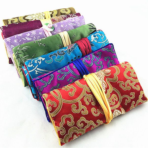Personalizar la joya de viaje de jade plegable bolsa de rollito chino seda brocado de seda bolsas de almacenamiento de maquillaje de maquillaje