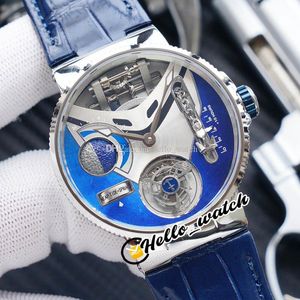 Beste versie Nieuwe Mega Yacht 44mm 6319-305 Emaille 3D Blue Dial Automatic Tourbillon Mens Horloge Staal Case Blue Leather Horloges Hallo_Watch.