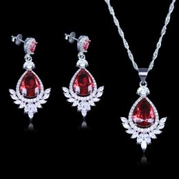Meilleur bijoux de mariage pour femmes/dame Rose rouge créé grenat blanc Zircon argent couleur bijoux boucles d'oreilles collier ensembles H1022