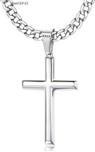 Besteel Collier croix en argent sterling 925 avec bord biseauté adapté aux hommes et aux femmes 5 mm en acier inoxydable taille diamant chaîne cubaine durable pendentif passion de Jésus nec