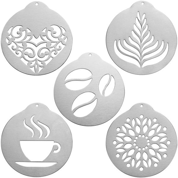 BESTONZON, 5 uds., plantillas de café de acero inoxidable, plantillas de artes de capuchino Barista, molde de guirnalda de café, herramienta de decoración de pasteles