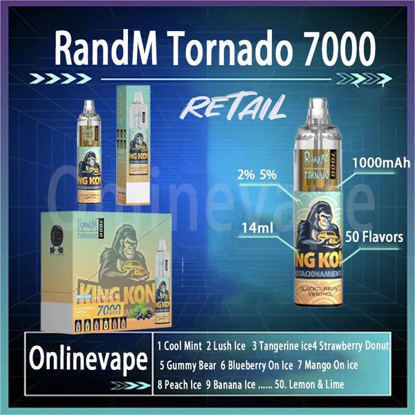 Best-seller RandM Tornado 7000 Puffs 2% et 5% Dispositif de dosette de cigarettes E avec 14 ml de bobine de maille préremplie Contrôle du débit d'air Vapes jetables rechargeables