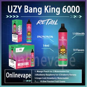 Best-seller uzy bang King 6000 Puff Disposable E Cigarettes 0,8 ohm Mesh Coil 14 ml Pod Batterie Rechargeable Cigs électronique Puff 6K 0% 2% 3% 5% Vape Pen