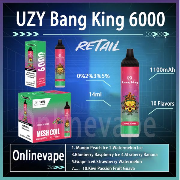 Best-seller uzy bang King 6000 Puff Disposable E Cigarettes 0,8 ohm Mesh Coil 14 ml Pod Batterie Rechargeable Cigs électronique Puff 6K 0% 2% 3% 5% Vape Pen