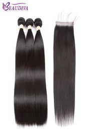 Beva Hair Pre-gekleurde 100% Remy Human Hair Bundels met sluiting Braziliaanse rechte 3 bundels met kantafsluiting9137187