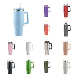 Utensilios para beber Vaso de taza de agua de fondo plano de 40 oz con asa Taza con aislamiento Cubierta de vaso Paja Taza de café de acero inoxidable Termos Taza al aire libre Coche de regalo