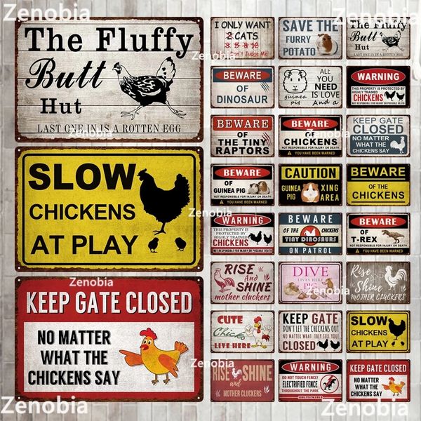 Méfiez-vous des poulets Peinture en métal Funny Bird Prey Avertissement Vintage Cochon d'Inde Métal Tin Signs for Courtyard Garden Farmhouse Home Decoration 20cmx30cm Woo