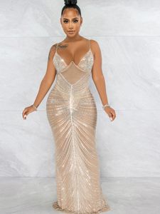 Beyprern Sparkle negro malla transparente diamantes de imitación Maxi vestido de mujer Glam Spagetti correas cristal vestido de fiesta celebridades Outifts