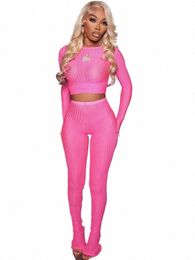 beyprern Geribbeld trainingspak voor dames Gebreide crop-top en leggingpak 2-delige set Casual O-hals Gebreide bijpassende set Sexy Clubwear D8ko #