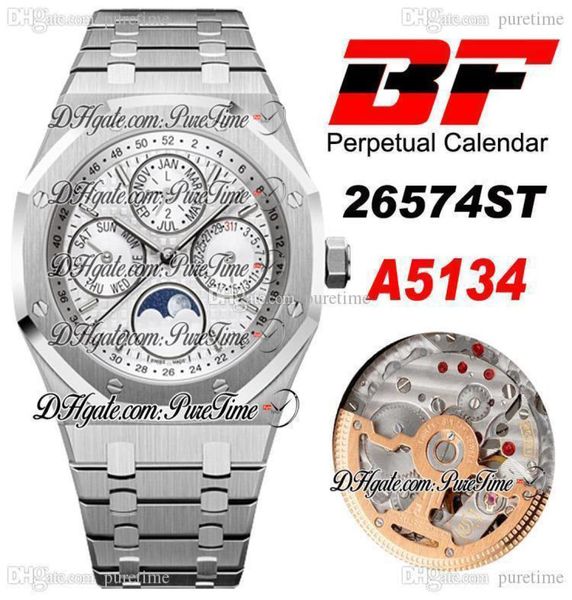 BF 41MM 26574 Función complicada A5134 Automatic Mens Watch Moon Phase Silver Texture Dial SS Bracelet Edition PTPA New P5051253