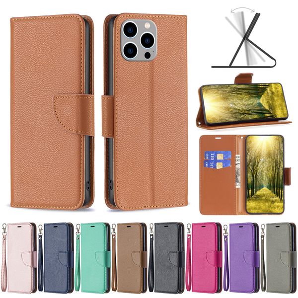 BF Litchi PU Fundas de billetera de cuero con correa para iPhone 14 13 12 Mini 11 Pro XR XS Max X 8 Samsung S8 S9 S10 Plus S20 FE S21 S22 Ultra Note 10 20