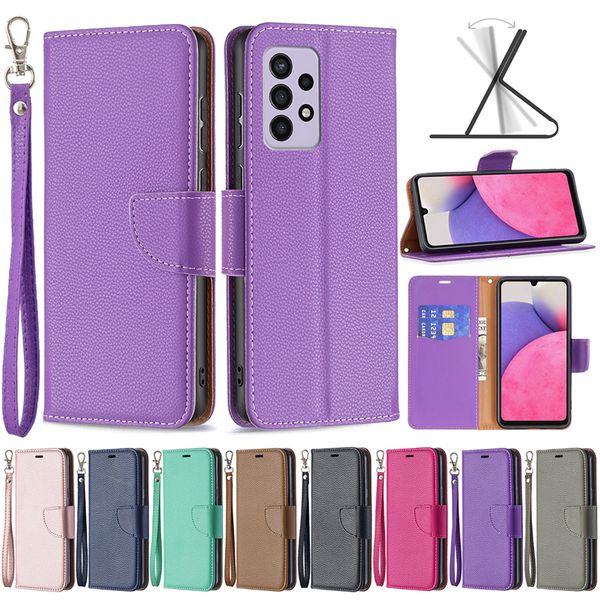 BF Litchi PU Cuir Cuir Coffret Slot Cas d'affichage avec bracelet pour Samsung S22 Ultra A13 4G 5G A33 A53 A73 A03S Nokia G20 1.4 C1 Plus Huawei P50 Pro Xiaomi 12 Redmi Note 11 10