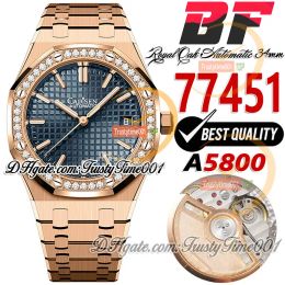 BFF 34 mm 77451 A5800 Montre automatique pour femme 50e anniversaire Lunette en diamants Or rose Cadran texturé bleu Bracelet en acier inoxydable Super Edition Tr