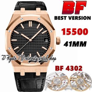 BFF bf15500 CAL.4302 bf4302 Reloj automático para hombre de 41 mm Caja de acero inoxidable en oro rosa Esfera negra con textura Marcadores de barra blanca Correa de cuero Relojes de eternidad Super Edition