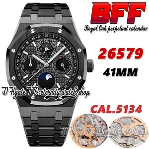 BFF BF26579 gecompliceerde functie Cal.5134 BF5134 Automatische heren Watch 41 mm Maanfase Zwart textureerde wijzerplaatstickmarkers PVD Steel Bracelet Super Eternity Watches