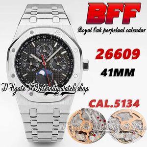 BFF BF26609 gecompliceerde functie cal.5134 BF5134 Automatische heren Watch 41 mm Maanfase Zwart textureerde wijzerplaatstickmarkers Roestvrijstalen armband Eeuwige horloges