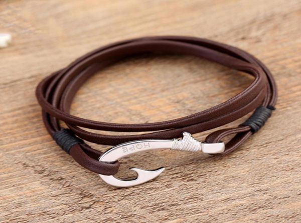 BFF2 Version coréenne de la populaire Braceuse de ligne de rive en cuir marron Bracelet Ancient Silver Fish Hook Bracelet Alliage d'ancrage B7376669