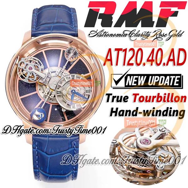 RMF AT120.40.AD. Astronomia Tourbillon Reloj mecánico de cuerda manual para hombre Esfera de oro rosa Correa de piel de cocodrilo Edición estupenda trustytime001Relojes