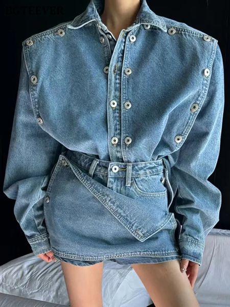 BGTEEVER Printemps Mode Dames 2 Pièces Ensemble À Manches Longues Double Boutonnage Jean Vestes Mini Short Jupe Vintage Femmes Denim Set240401