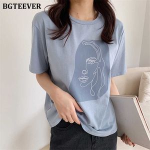 BGTEEVER Verano Abstracto Cara Humana Impreso Mujeres Camiseta Moda Manga Corta Mujeres Tops Camisetas Blancas Cuello Redondo Tops Femeninos 2020 Y0621