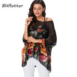 Bhflutter Women Tops Tunic Style Floral Print Chiffon Blouse Shirt Batwing Casual Loose Summer Shirts Plus Size Blusas 210308