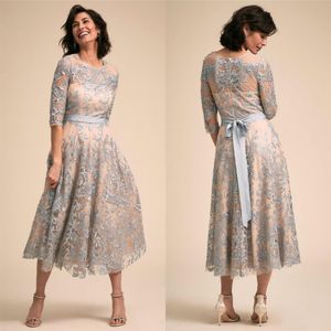 BHLDN Mère De La Mariée Robes Jewel Cou Dentelle Appliqued Thé Longueur Demi Manches Longues Robes De Soirée Plus La Taille Robe De Bal Parti W284t