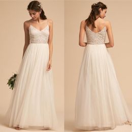 Bhldn nieuwe ontworpen 2019 bruidsmeisje jurken een lijn spagehtti riem backless geappliqueerde tule plooien lange bruiloft gast avond prom jassen