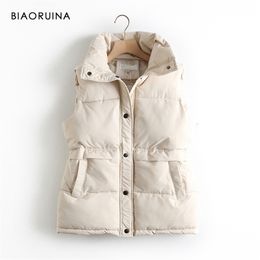 Biaoruina Dames Koreaanse stijl Solid Mouwloze Winter Houd Warme Vest Jas Single Women Breasted Losse Dikke Fashion 211120