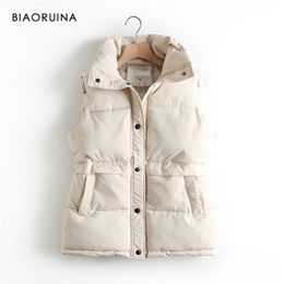 Biaoruina Dames Koreaanse stijl Solid Mouwloze Winter Houd Warm Winter Vest Jas Single Women Breasted Losse Dikke Fashion Vest 210923