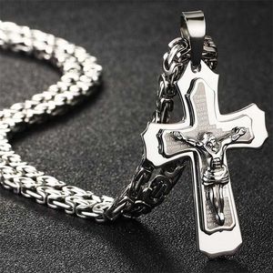 Bijbel Zilver Kleur Jesus Cross Rvs Hangers Kettingen Byzantijnse Lange Ketting Ketting voor Mannen Sieraden colar collier 220121