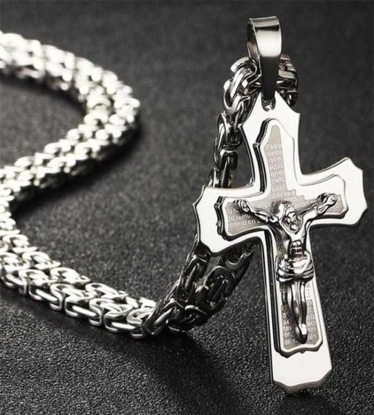 Bible couleur argent jésus croix en acier inoxydable pendentifs colliers byzantin longue chaîne collier pour hommes bijoux colar collier 22016387581