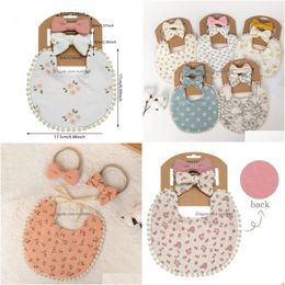 Bavoirs Burp Chiffons 9sets / lot bébé fleur bandeaux arc nylon bandeaux double face salive serviette alimentation tissu écharpe garçons filles headw dhvnx