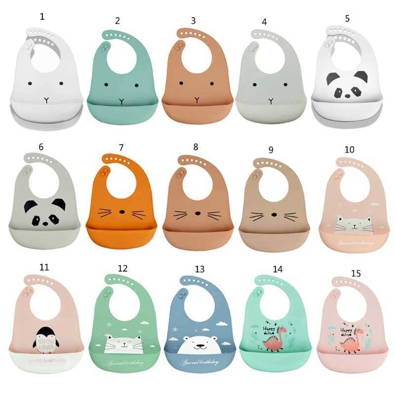 Bibs Burp Cloths Cartoon waterproof soft silicone baby bib with adjustable feeding food catcher for young children rolled up pockets feeding items apronL2405