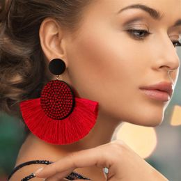 BICUX Mode Boheemse Kwastje Kristal Grote Oorbellen Zwart Wit Rood Zijde Stof Drop Dangle Kwastje Oorbellen Voor Vrouwen Jewelry215v