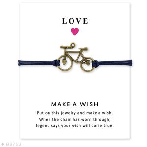 Fiets Bike Charm Card Armbanden Brons Sieraden Lichtbruin Blauwe Wax Koorden Dames Mannen Meisje Jongen Kerstcadeau